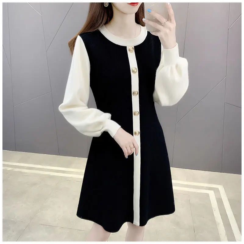 Elegant Fashion Round Neck Thick Color Blocking Dresses Female Clothing Spring Autumn Button Spliced Korean Long Sleeve Dress