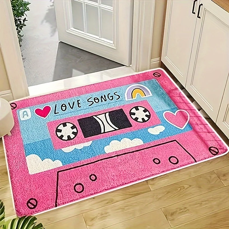 VIKAMA Cute Cassette Tape Shaped Bath Mat Pink LOVE SONGS Print Heart Rainbow Soft Non‑slip Absorbent Bathroom Floor Mat