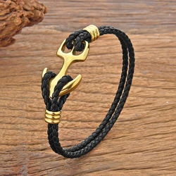 New in Classic Stainless Steel Anchor Bracelets Double Leather Bracelet & Bangles for Men Women Jewelry Black Color Fashion Gift
