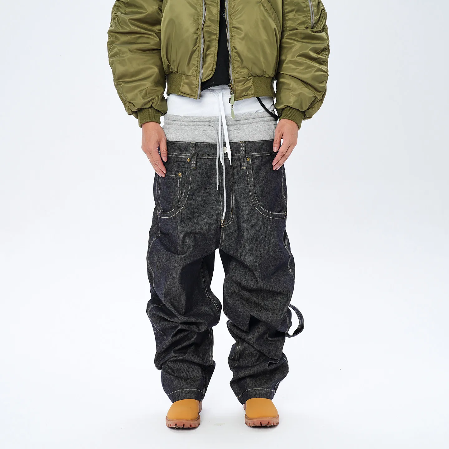 Fashionable Stitching Deconstructed Contrast Color Embroidery Bandage Dress Wide-Leg Logging Pants Cow Jeans for Men