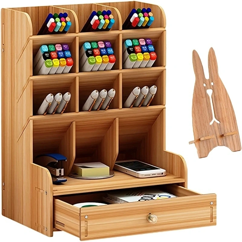 1PCS Wooden Desk Organizer with Drawer Multi-Functional DIY Pen Holder Desktop Home Office Art Supplies Storage