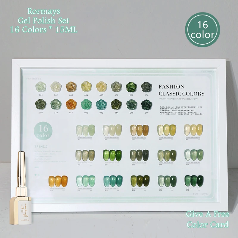 

Rormays Ice Green gel Series nail polish 16 Color Set Translucent gel Varnish UV LED Soaked Nail Art 15ML Nail Enamel Factory