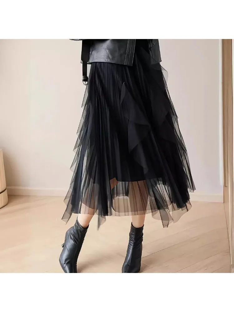 Pleated ruffle edge gentle wind mesh skirt skirt women's medium and long pendulum pleated skirt