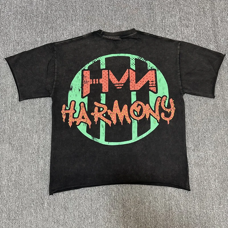 American Retro Black T-shirts Rhinestone Spray Horsehide Damaged Cuffs High-quality Cost-effective HARMONY Short Sleeved Tops