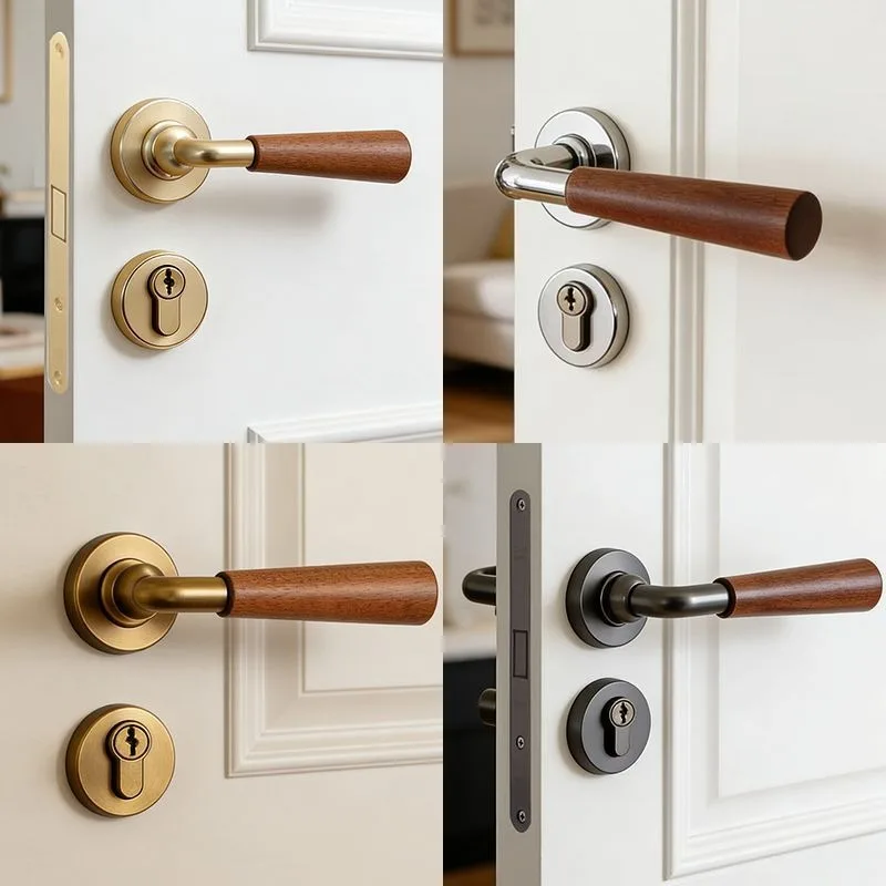 Walnut bedroom French door lock, indoor room magnetic split door handle, silent household door retro handle