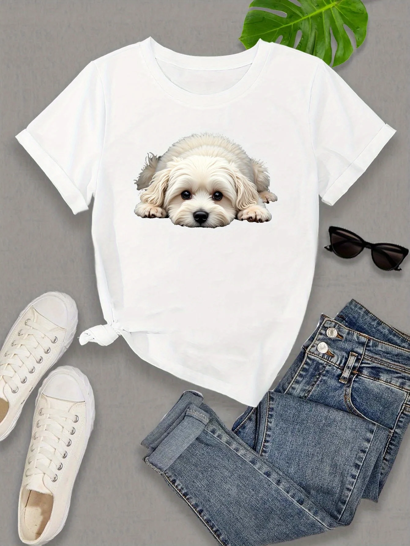 Women's Casual Sleeve Crew Neck T-Shirt - Cute Maltese Dog Print Vibrant Green Medium Stretch Women's Harajuku Sleeve Casual