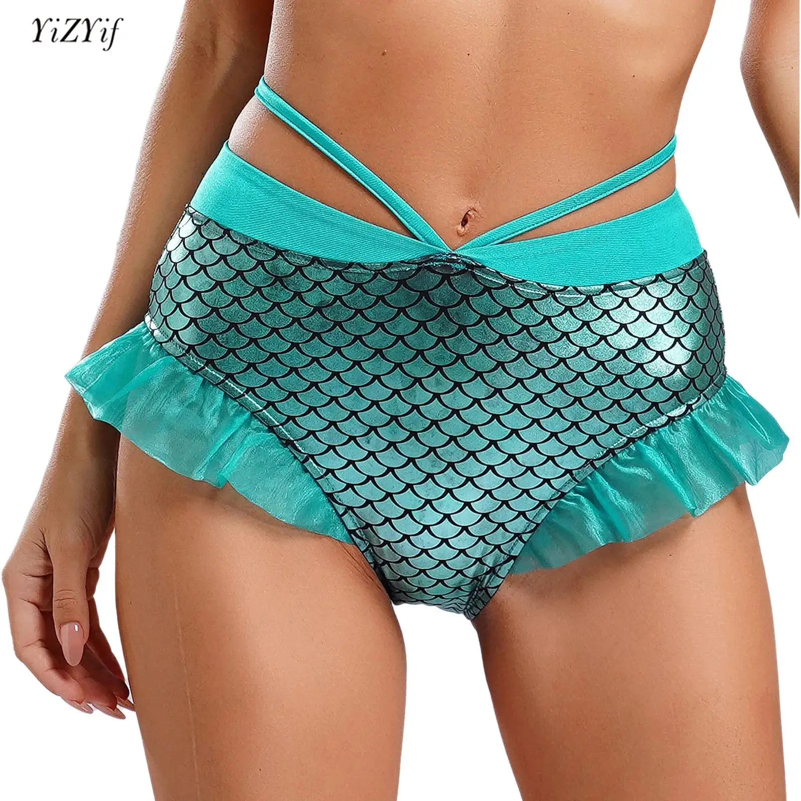 

Womens Halloween Cosplay Mermaid Briefs Metallic Shiny Fish Scale Print Ruffled Tulle Trim Booty Shorts Underwear Sexy Clubwear