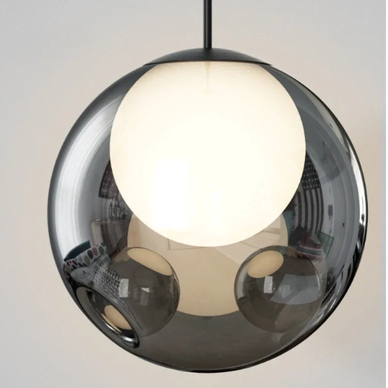 Modern Minimalist Pendant Light Gray Glass Ball Hanging Lamp Home Decor for Bedroom Dining Table Bedside Led Ceiling Chandelier