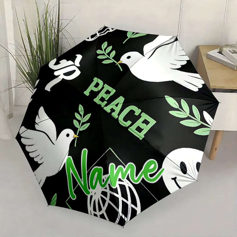 Custom Name Umbrella Peaceful Dove Umbrella with Leaf Design Print 8 Iron Ribs Folding Umbrella Auto-Open Fashion Sunshade