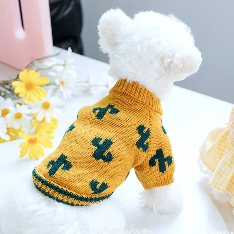 1PC Pet Clothing Cat Autumn Winter Thickened  Yellow Cactus Elastic Pullover Knitted Suitable Sweater for Small and Medium Dogs