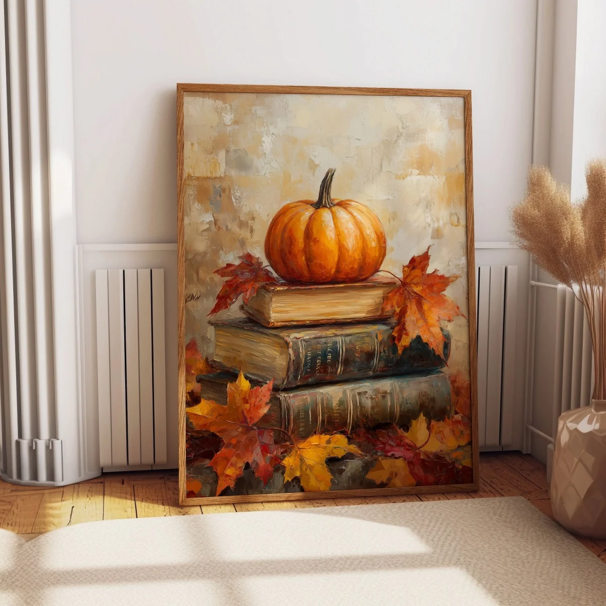 Pumpkins on The Book Autumn Canvas Print Poster Vintage Rustic Cozy Cottagecore Book Art Prints Bedroom Fall Wall Art Home Decor
