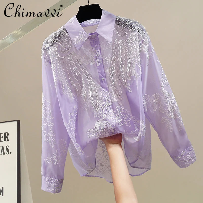 

Fashion Heavy Beaded Embroidery Decorative Lapel Long Sleeve Shirt 2025 Autumn New Sweet Girl Loose Temperament Versatile Top