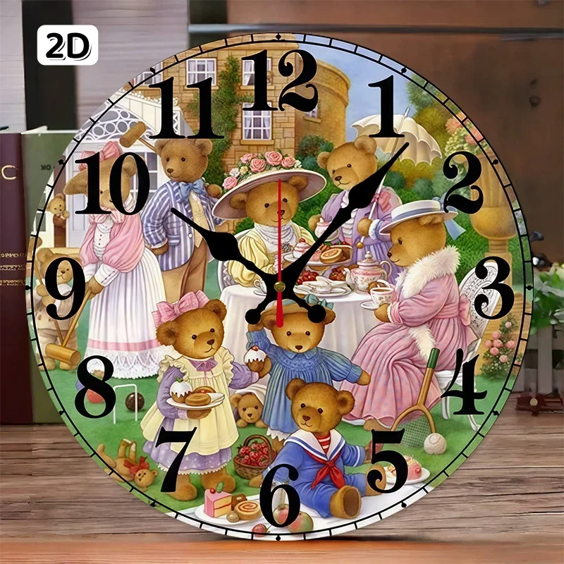 Teddy Bear Tea Wooden Round Silent Hanging Wall Clock, Suitable For Living Room, Office, Study Room, Bedroom, Home Decoration.