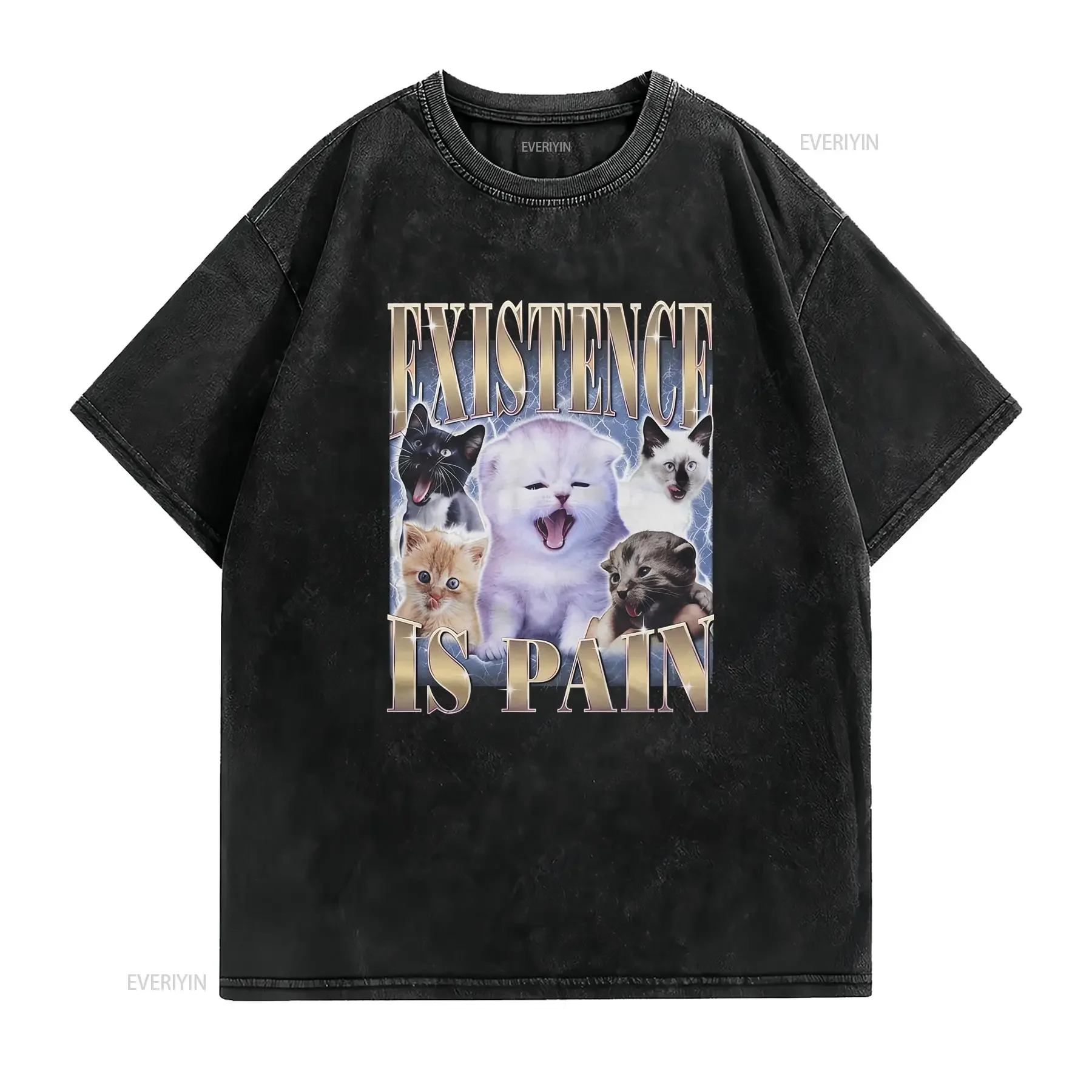 Existence is Pain T Shirt Funny Meme Cat Kitten Bootleg  vintage Washed homme fashion Casual Breathable Unisex Comfortable