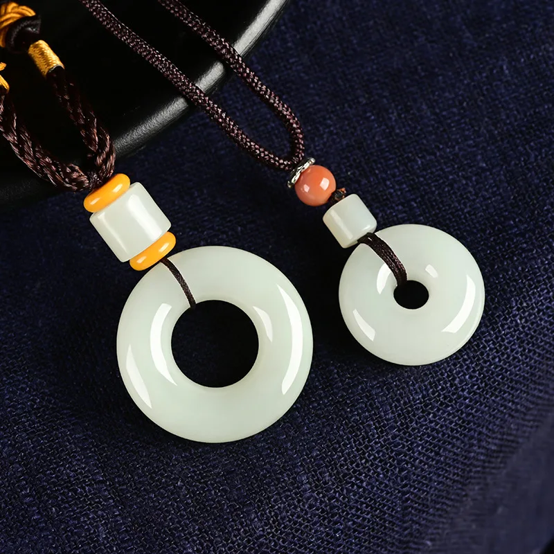 

Fine Jewelry Natural Hetian Nephrite Jade White Jade Ping An Buckle Bread Hoop for Men and Women Pendant