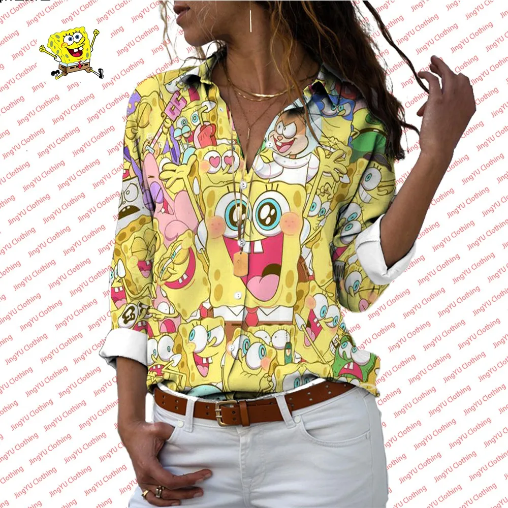 Camisa estampada com padrão de Bob Esponja feminina, lapela, manga comprida, peito único, casual, com todos os fósforos, Y2K, moda, novo, 2024