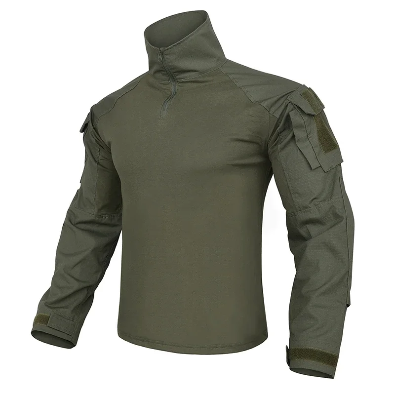 Men's Camouflage Solid Color Tactical Combat Shirt Stretch Cotton 1/4 Zipper Uniform Shirts Camping Long Sleeve Camo T Shirt