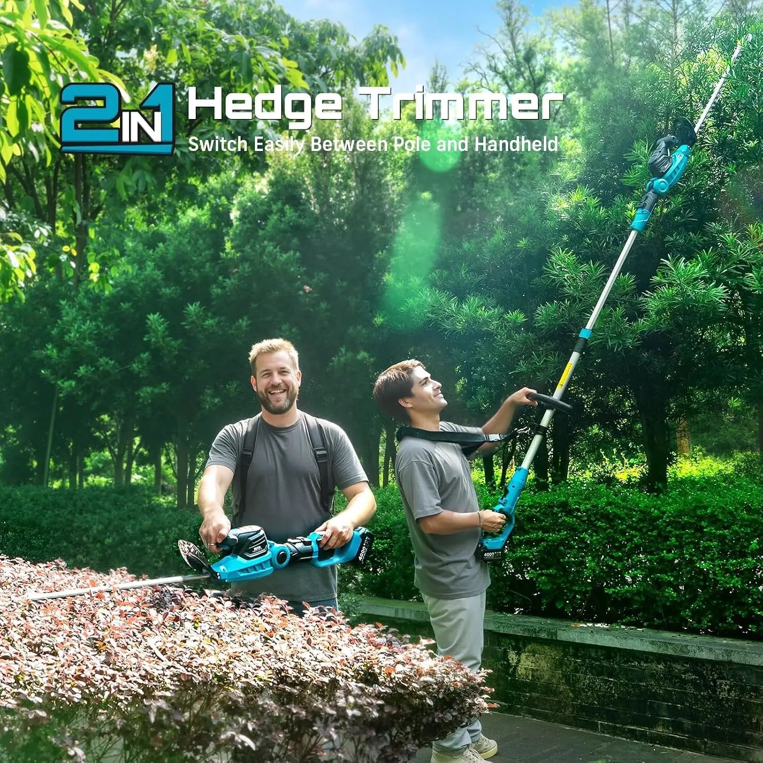 20V 2-in-1 Cordless Hedge Trimmer and Pole Trimmer, 20-Inch Electric Bush Trimmer