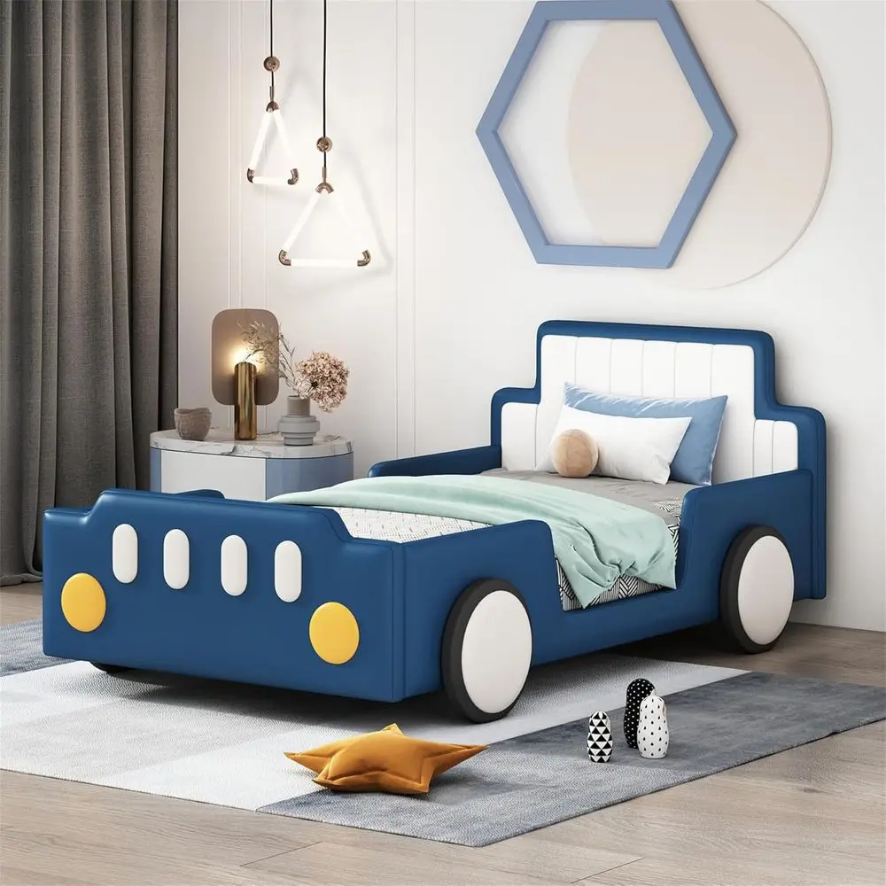 

Детская кровать-платформа MeTwin Race Car с колесами, кровать-машинка из искусственной кожи для мальчиков, размер Twin, детская кровать с доской-подставкой, матрас Twin (без матраса)