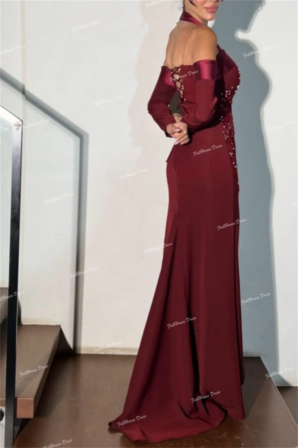 Custom Made 3/4 Sleeve Halter Sequins Lace Evening Dress Sexy Sheath Lace up Back Saudi Dress with Court فساتين سهرة