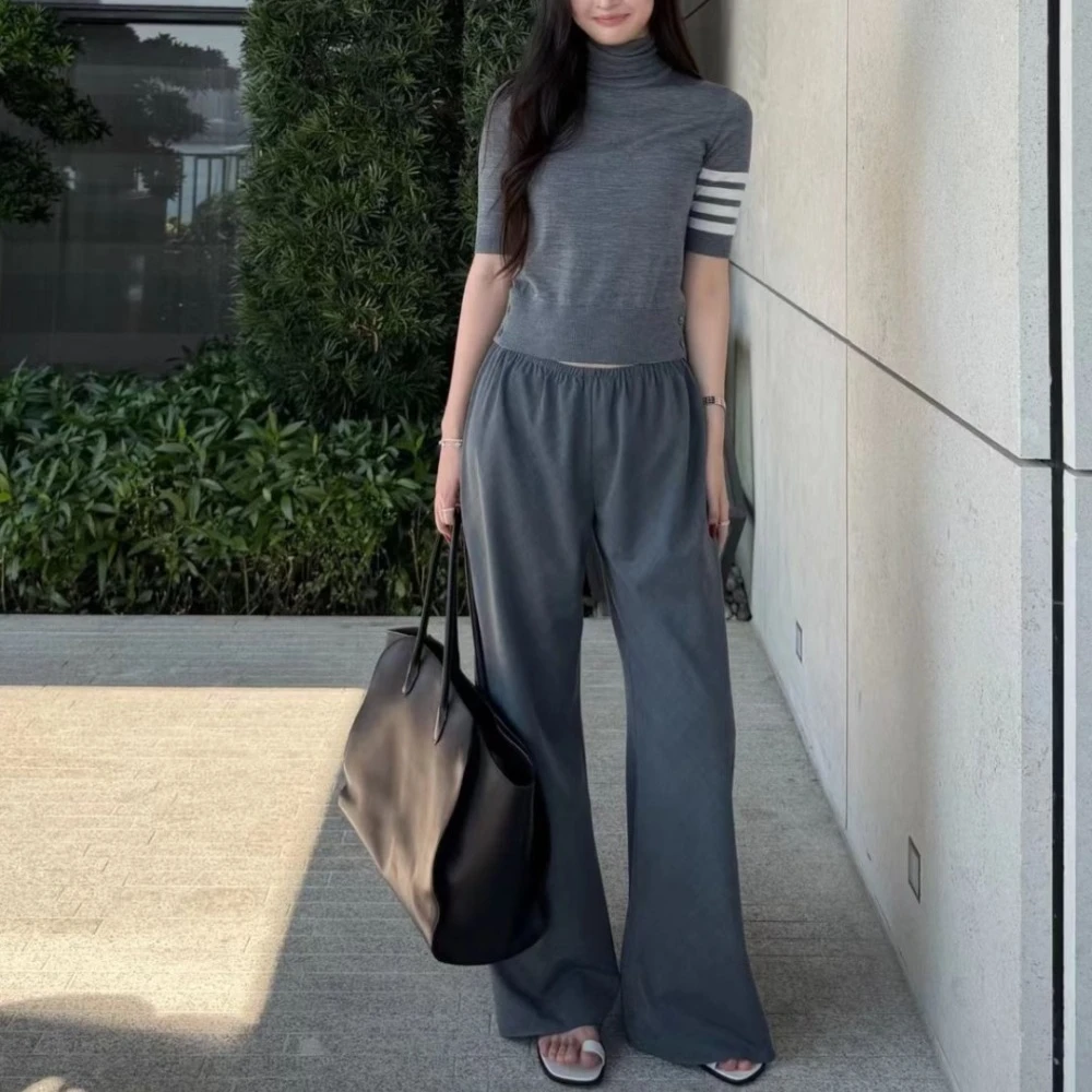 Gray Elastic Waist Loose Casual Pants Simple and Versatile Trousers