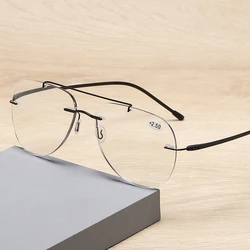 Titanium Alloy Double Bridge Pilot Rimless Photochromic Progressive Reading Sunglasses +0.75 To +4 See Near and Far