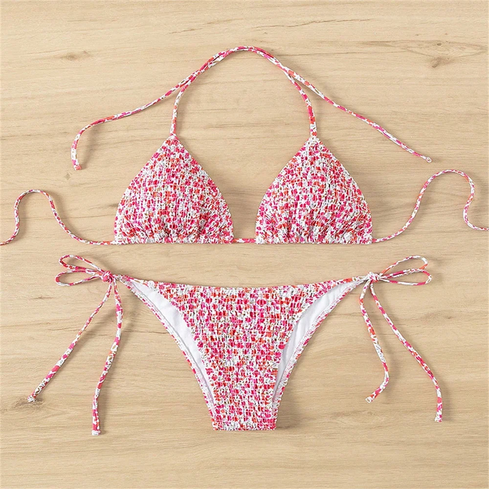 Pleated Wrinkled Bikini Print Swimsuit String Lace Up Backless Swimwear Y2K Micro Bathing Suit Women Beach Outfit Bikinis Femmes