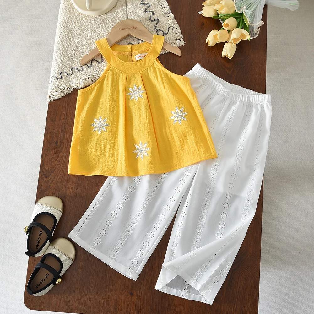 Summer New Sweet and Cute Hanging Neck Flower Embroidered Top+Solid Color Wide Leg Pants Two Piece Set Girls 3-7 Years Old