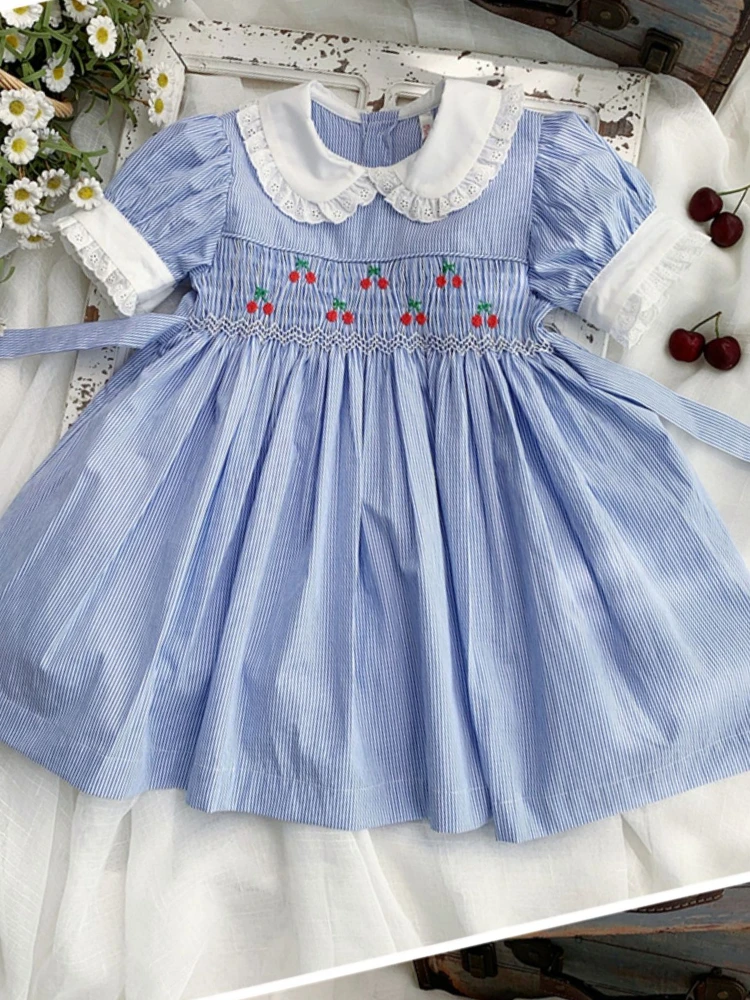 

Baby Girls Embroidery Smocking Frocks Boutique Cotton Clothes Cherry Toddler Vintage Smocked Dresses Children Outfit Matching