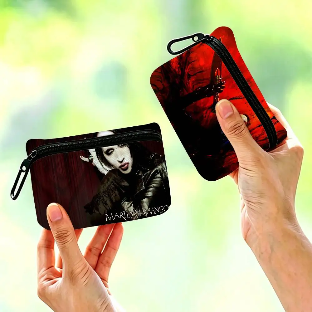 Marilyn Manson Industrial Rock Band Lightweight Oxford Fabric Coin Purse Carabiner Hook Design Mini Card Key Organizer Bag