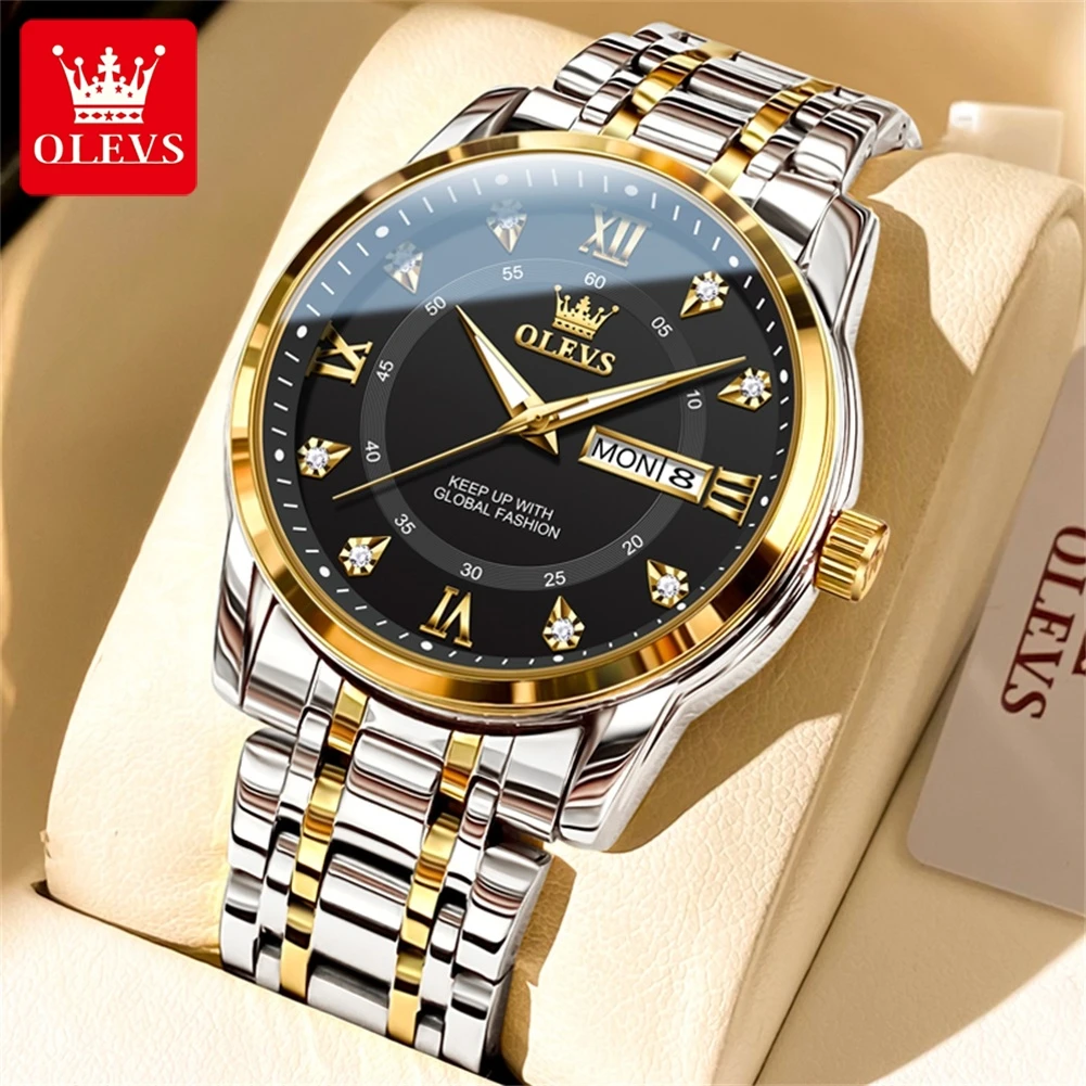 OLEVS 5513 TOP Brand Men's Watches Diamond Roman Scale Dual Calendar Display Watch for Men