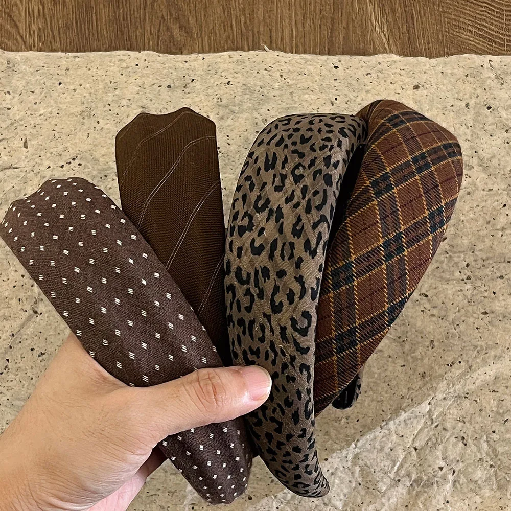 Autumn Winter Women Wide Headband Vintage Leopard Plaid Polka Dot High Cranial Hair Hoop Hair Accessories