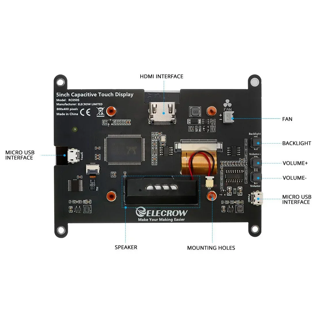 Hot Sale RC050S HD 5inch 800x480 Capacitive Touch Monitor LCD Screen Built-in Speaker with Backlight Control - free shipping