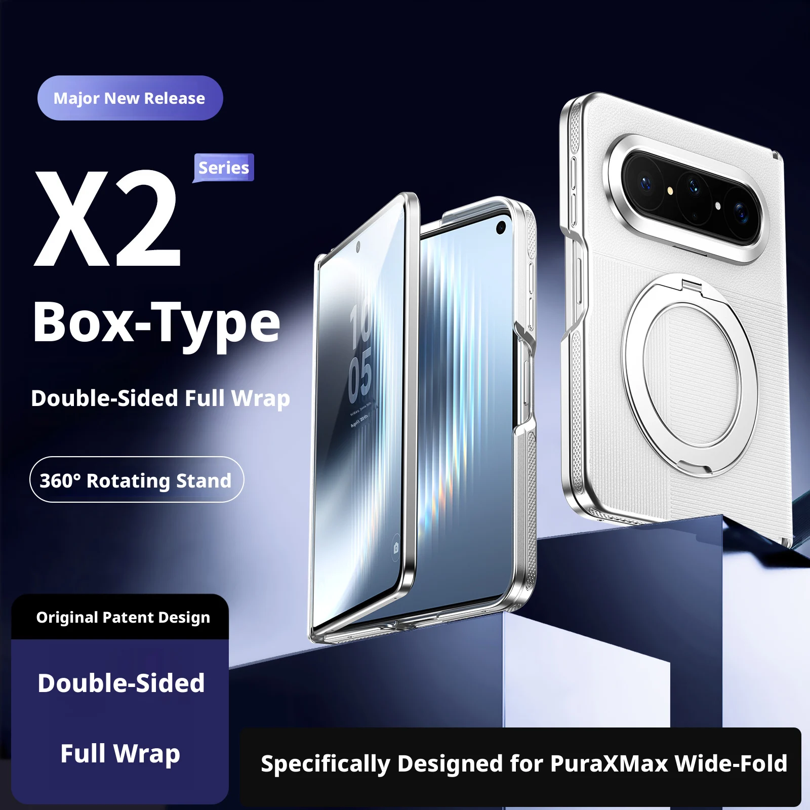 High-end Box-Type Design Double-Sided Full Wrap Case For Huawei Pura X Max Magnetic 360° Rotating Stand Lens Protection Cover