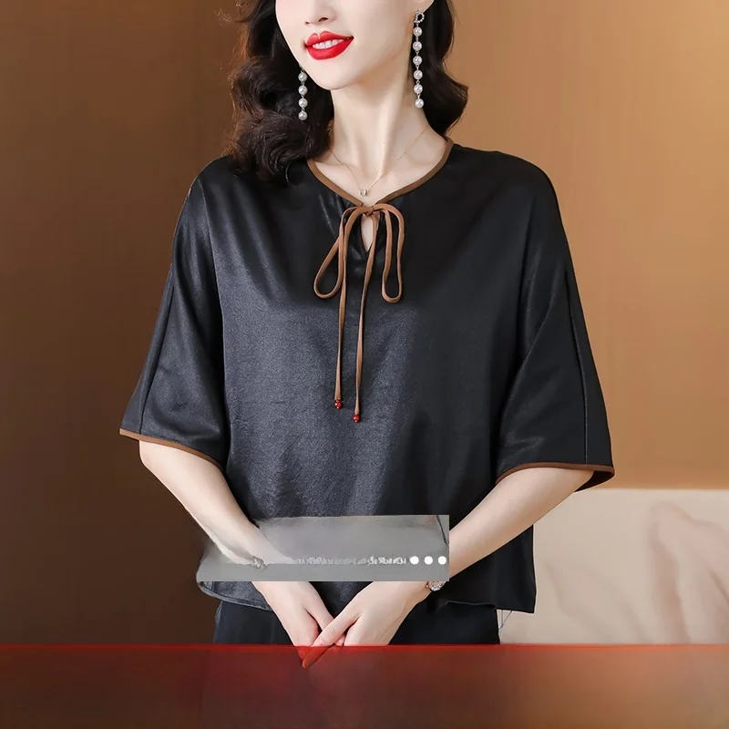 

Ele ort Sve Шелковая футболка Женская повседневная футболка с цветочным принтом Легкий летний топ круглый Ne Regular Fit Knot