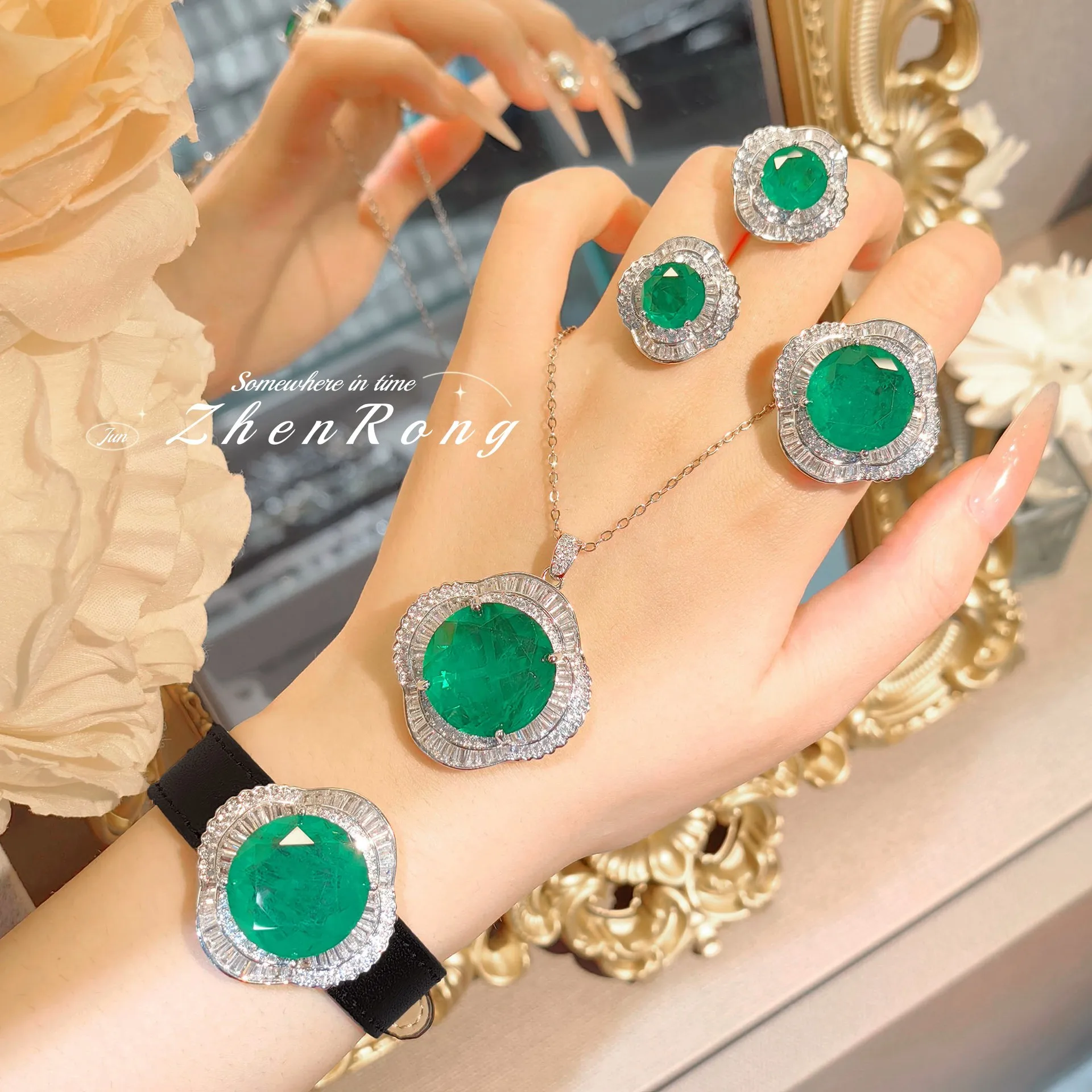 S925 sterling silver stud earrings, ring necklace set, new color treasure set, high-class temperament