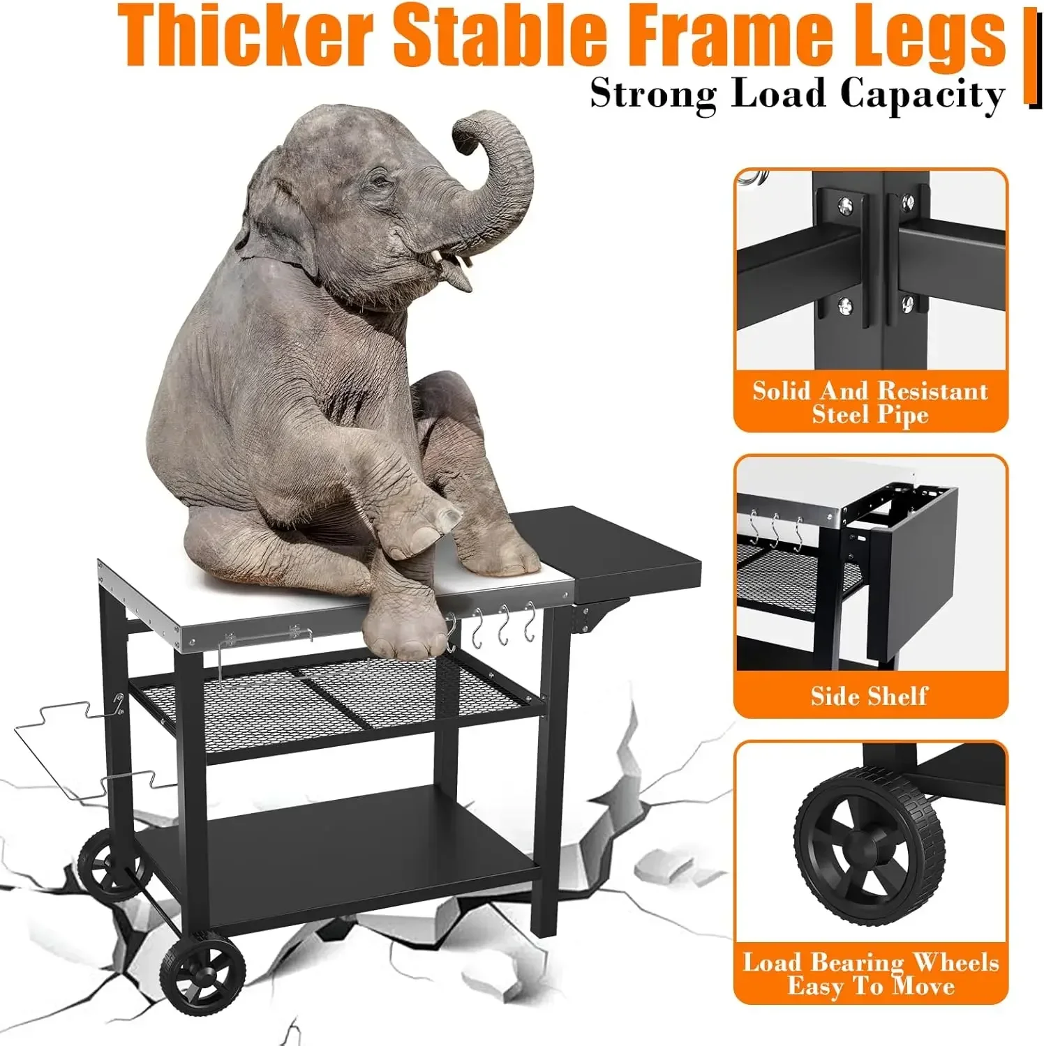 Hot SalseOutdoor Grill Table,Pizza Oven Stand Table,Three-Shelf Food Prep And Work Cart Table