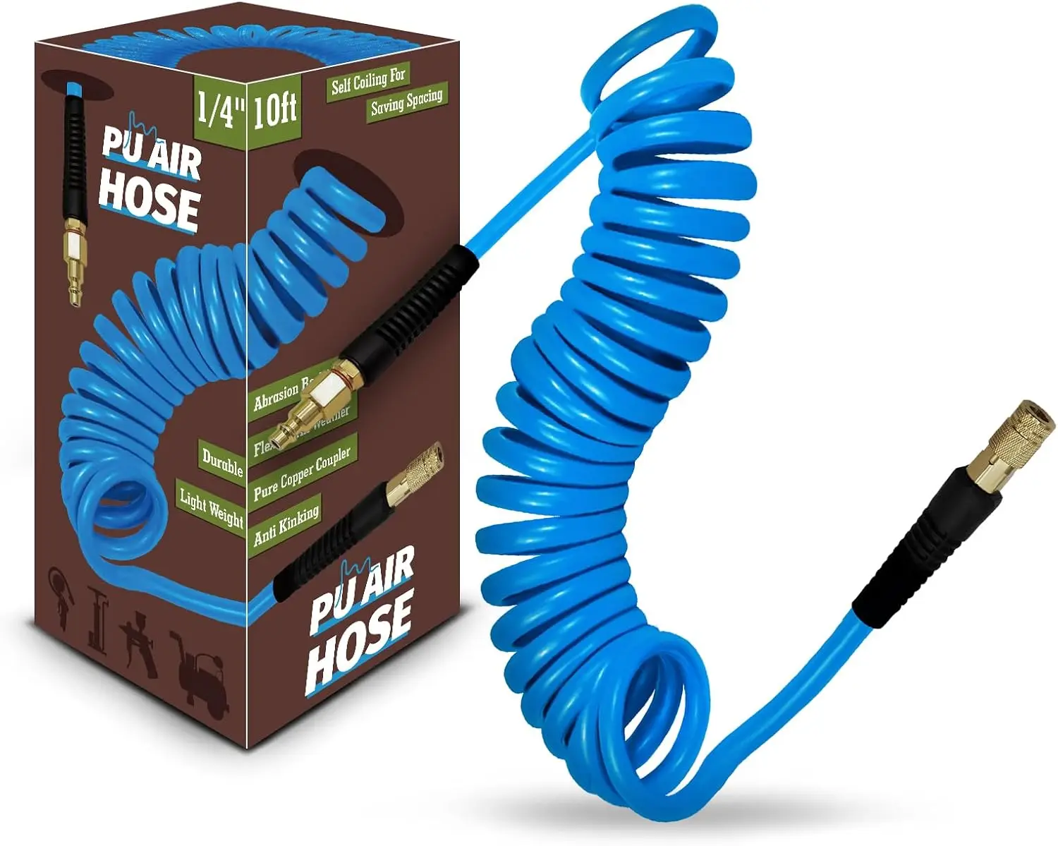 

1/4" x 10ft Coiled PU Air Hose with Quick Connect Fittings, Bend Restrictor, Blue