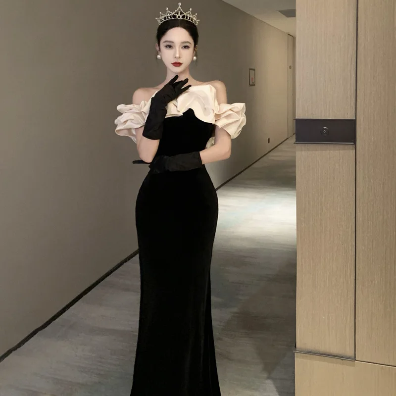 Black one-word shoulder evening dress, femininity, high-end fishtail, advanced sense, adult ceremony banquet