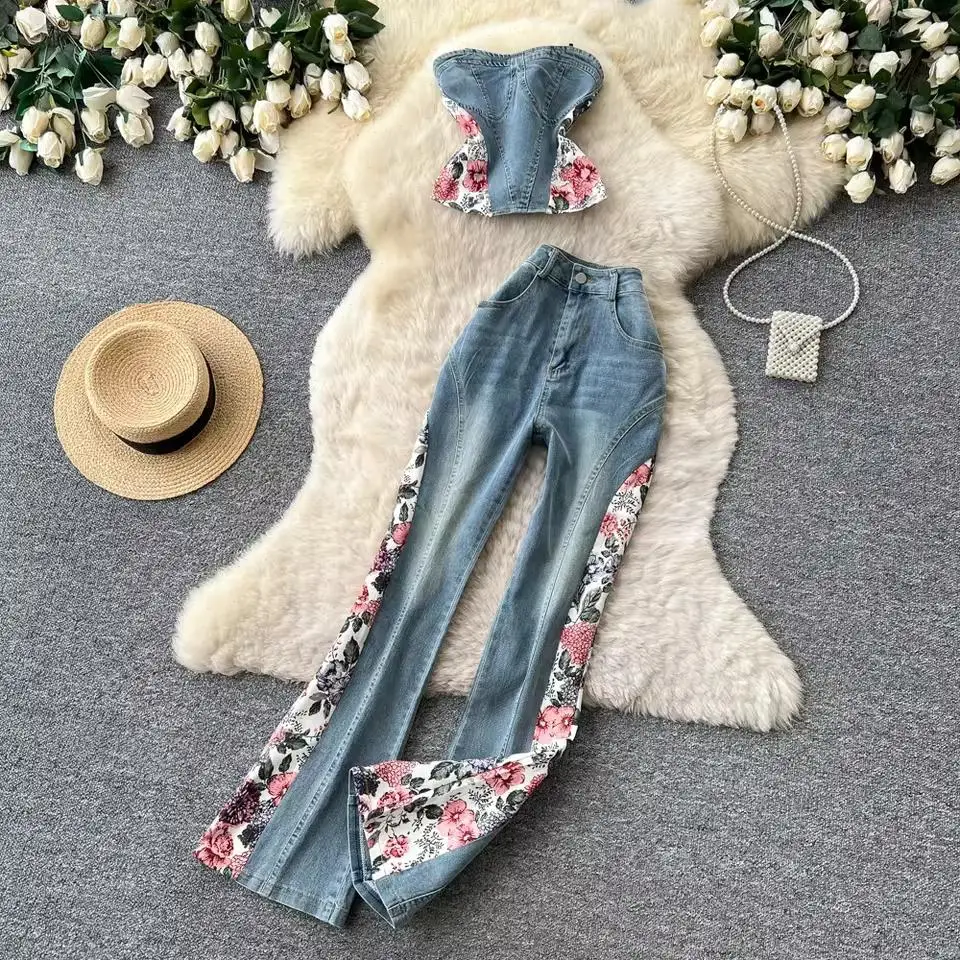 Denim Pant Set Women Two Piece Sets Strapless Tops Elastic Waist Floral Bootcut Pants Y2k Streetwear Vintage Washed 2026 summer