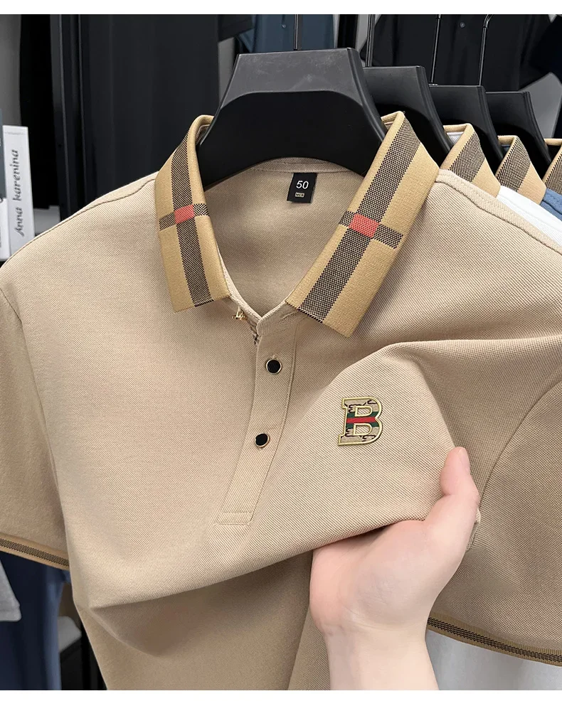 2026 High-end Letter B Printed Summer Men's Color Blocked Lapel Short Sleeved Polo Shirt Versatile Tshirt for Business Commuting