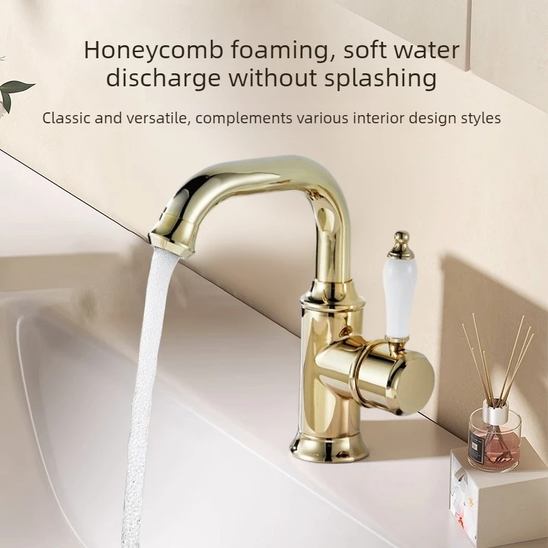 Full copper vintage faucet in classic gold, rotatable faucet, creative washbasin, stylish cold and hot water faucet