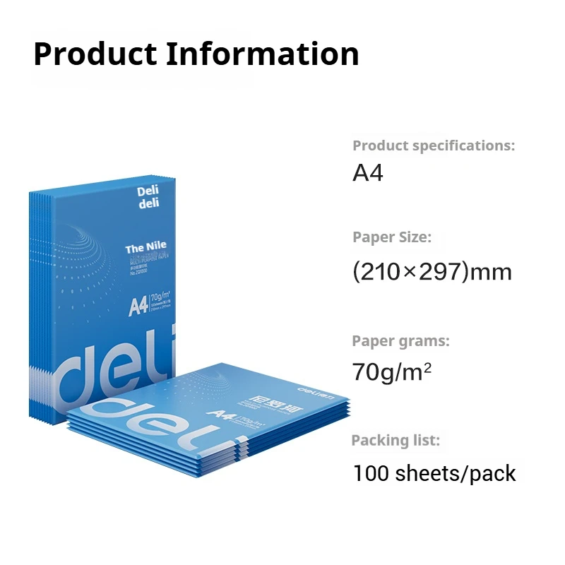 Deli-A4 Drukpapier, 100 Vellen/Verpakking, Zakelijk Papier, Papieren Kopieerpapier, Hele Houtpulp, Xerografisch Kantoorpapier, 70G