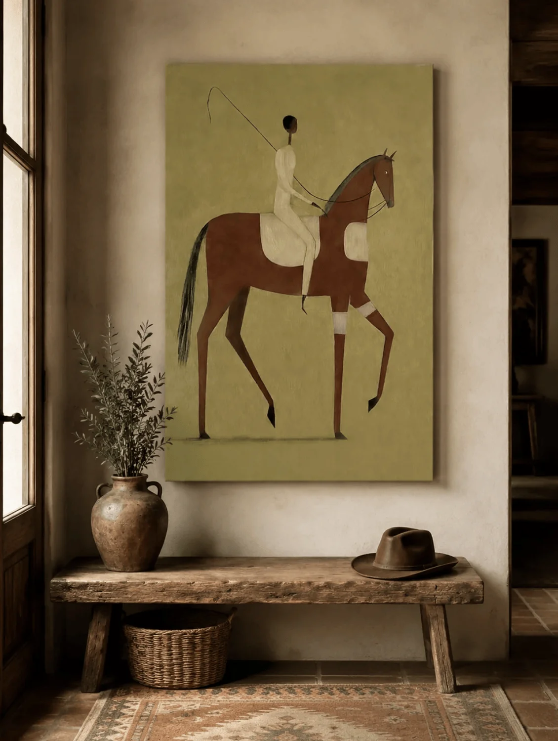 Abstract Horse Rider Wall Art Canvas Prints, Minimalist Western Figure Posters, Earth Tone Decor for Living Room Bedroom Decor
