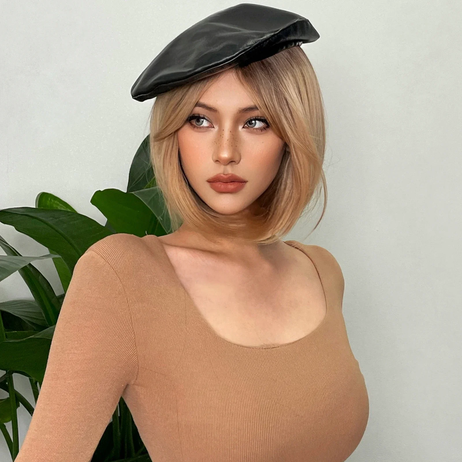 Straight Golden Synthetic Wigs with Curtain Bangs Short Bob Light Brown For Women Cosplay Daily Wigs