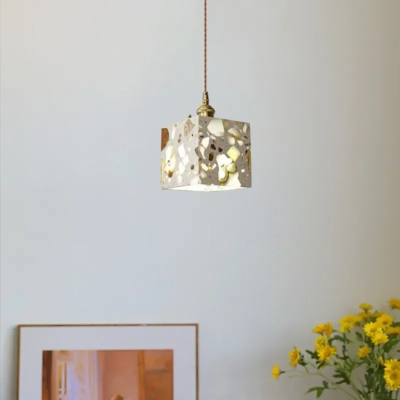 Modern Simple LED Pendant Light Fixture Restaurant Study Foyer Terrazzo Stone Copper Socket Home Decor Hang Lamp Suspension