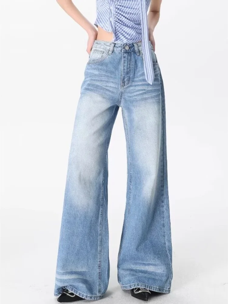 女性のパンツ Y2K ブルー秋ヴィンテージクラシックルーズ女性ジーンズシンプルなボタンファッションカジュアル全身ストレート女性ジーンズ