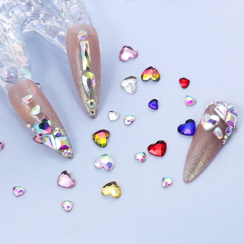 100pcs Wholesale Mixcolor love diamonds flat bottomed irregular glass nail accessories