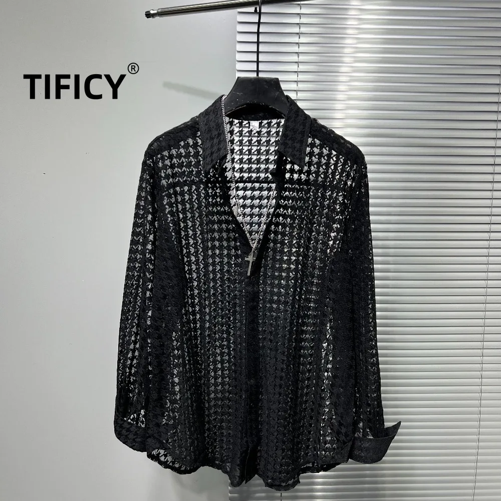 High Street Grid Perspective Shirt Trendy Men's Dark Hollow Loose Sunscreen Lightweight Casual Loose Streetwear Shirt