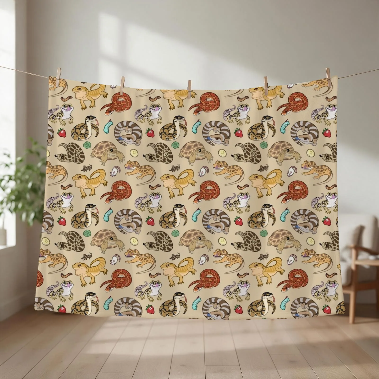 Reptile Pets Pattern - Sand Throw Blanket couch cozy soft plush fuzzy picnic outdoor blanket